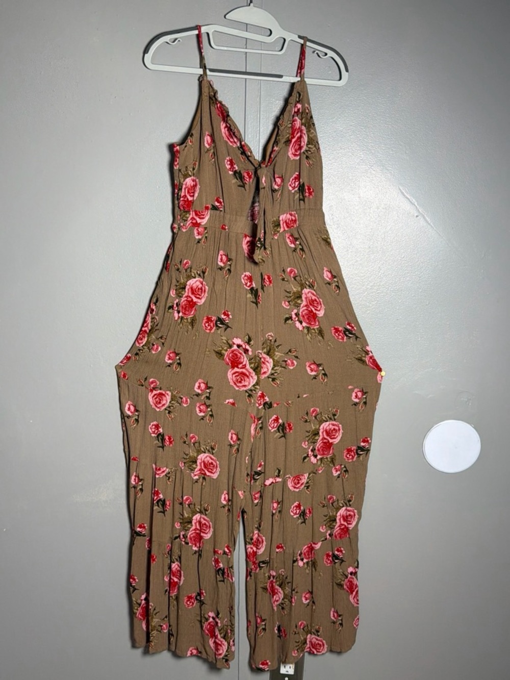 Floral Tie-Front Wide Leg Jumpsuit - Brown with Pink Roses